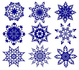 Set blue snowflakes on a white background