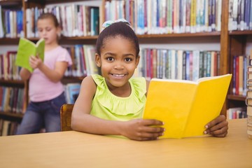 Happy pupil reading a library book