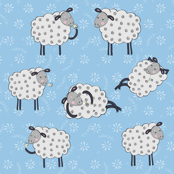 Seamless pattern with cartoon sheeps.Kids vector background.