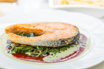 Grilled Salmon Steak with Spinach