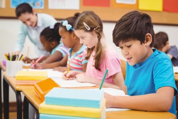 Pupils working at their desks in class