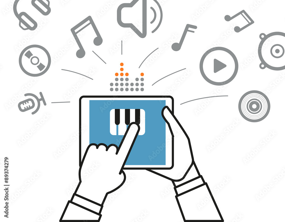 Aufkleber making music via modern digital gadget. simple line design illus