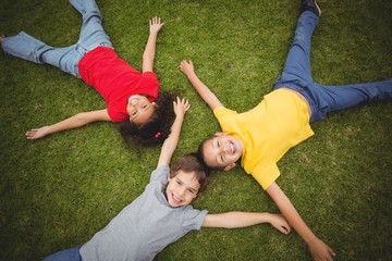 Cute pupils lying on grass smiling