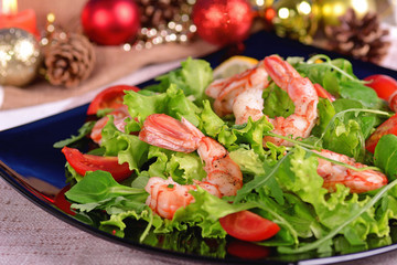Festive shrimp salad, arugula and tomatoes
