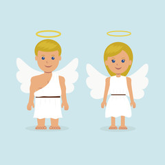 Man and a woman dressed as an angel with wings and a halo