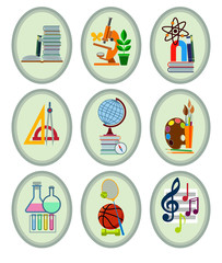 Set of icons on the theme of education and learning in the secondary school and College. Symbols of school subjects and educational equipment. Flat style. Vector illustration.