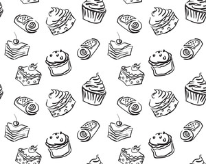 Different types of hand drawn cute cupcakes and cakes