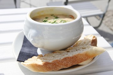 Food: Creamy soup in white bowl in Berlin