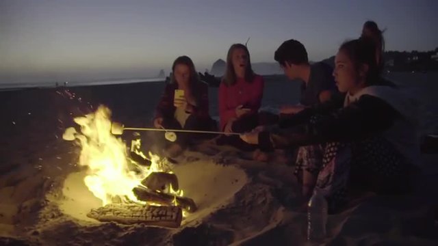 Friends roast marshmallows and take pictures on the beach