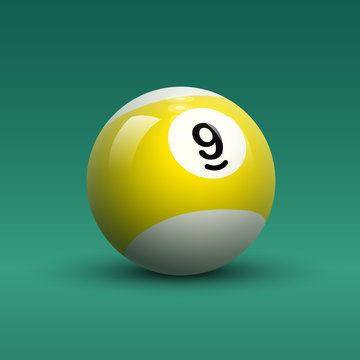 Striped yellowand white color vector billiard ball number 9 on green table
