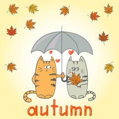 Cats in love under an umbrella. Autumn card template. Vector illustration.