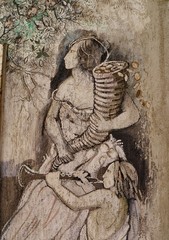 Wandbild: Frau mit Füllhorn, aus dem Geld fält