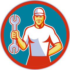 Mechanic Holding Wrench Circle Retro