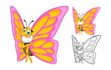 High Quality Detailed Butterfly Cartoon Character with Flat Design and Line Art Black and White Version Vector Illustration