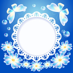  Blue background with transparent butterflies, flowers and openw