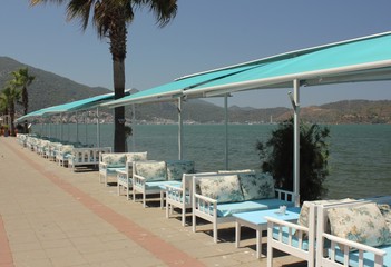 Seating at a resturant with views of fethiye in turkey 