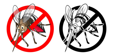 High Quality Prohibition Sign Mosquito Cartoon Character with Black and White Version Vector Illustration