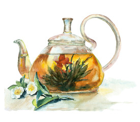 Watercolor tea in a glass teapot - 89393677