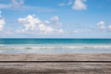 Fototapeta premium Blue sea background with wooden floor 