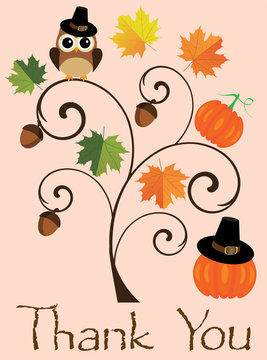 vector illustration of thank you card with a tree owl, pumpkins and leaves