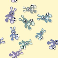 Seamless colored bunny pattern with ball on yellow