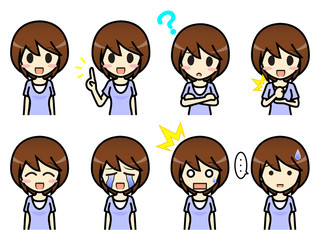 シンプルキャラクター　会話・表情イラスト集　女性（半袖）