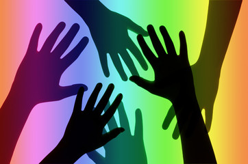 Silhouette of Hands on Rainbow Background.