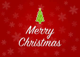 Merry Christmas greeting card with Christmas tree in red snowflake background