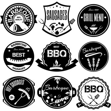 Set bbq, grill; sausages; restaurant; steak; retro vintage badge
