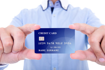 close up of credit card in businessman hands isolated on white