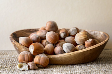 hazelnut in basket on jute