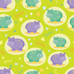 Seamless pattern with cute hippos