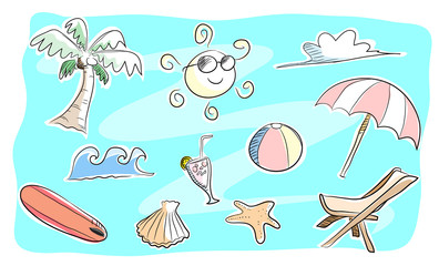 Beach Theme Doodle Set, a hand drawn doodle set of Beach theme set, easily editable between the background, colors, and the white outlines for your project needs.