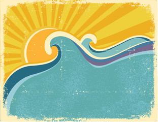 Fototapeta premium Plakat z falami morskimi i palmami. Ilustracja wektorowa krajobrazu morskiego.