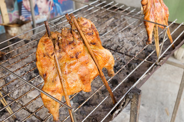 hot roasting chicken on smoked grill barbecue