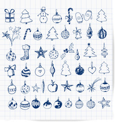 Set of sketch Christmas and New Year objects 