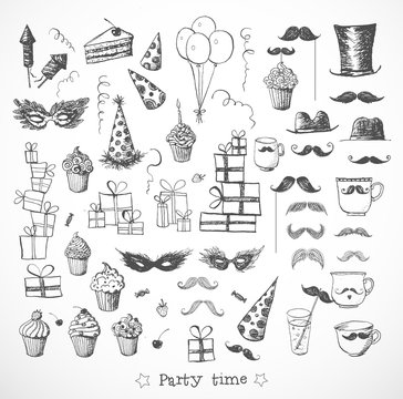 Set of sketch party objects hand-drawn with ink 