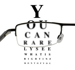 Eyeglass with humorous eyetest chart