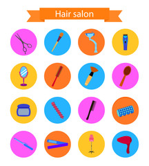 Icon set of hairdresser elements. Flat style