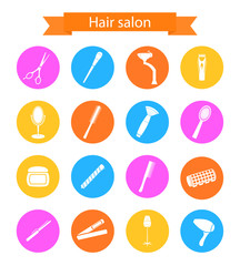 Icon set of hairdresser elements white silhouette . Flat style