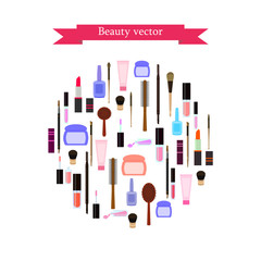 cosmetics in circle on white background