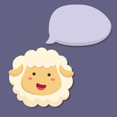 a cute sheep head with bubble talk in purple background