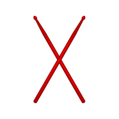 Crossed pair of red wooden drumsticks