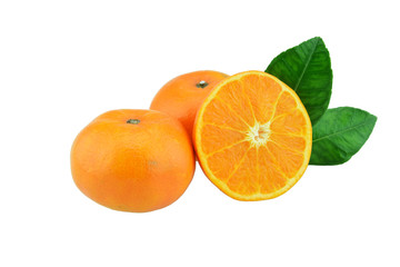 Orange fruit with half and leaves isolated on white background