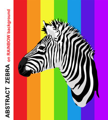 Zebra portrait on abstract rainbow strips.