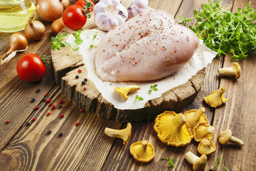 Chicken meat with vegetables and chanterelles