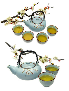 Set with blue tea pot and cups