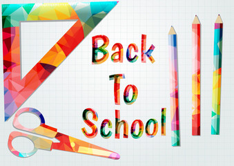 Colored inscription back to school.Colorful school supplies.