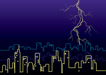 Lightning strikes and rain in big city.