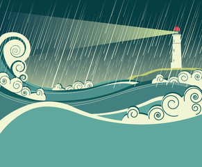 Obraz premium lighthouse and ocean in storm night